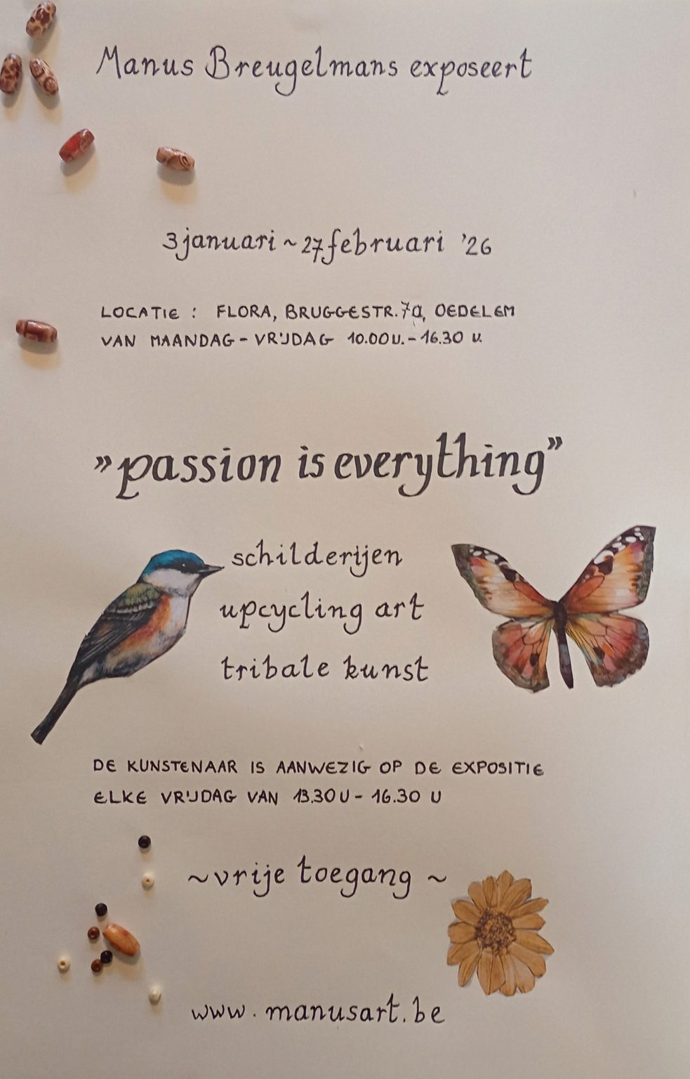 Een poster die de info deelt over de expositie van Manus Breugelmans