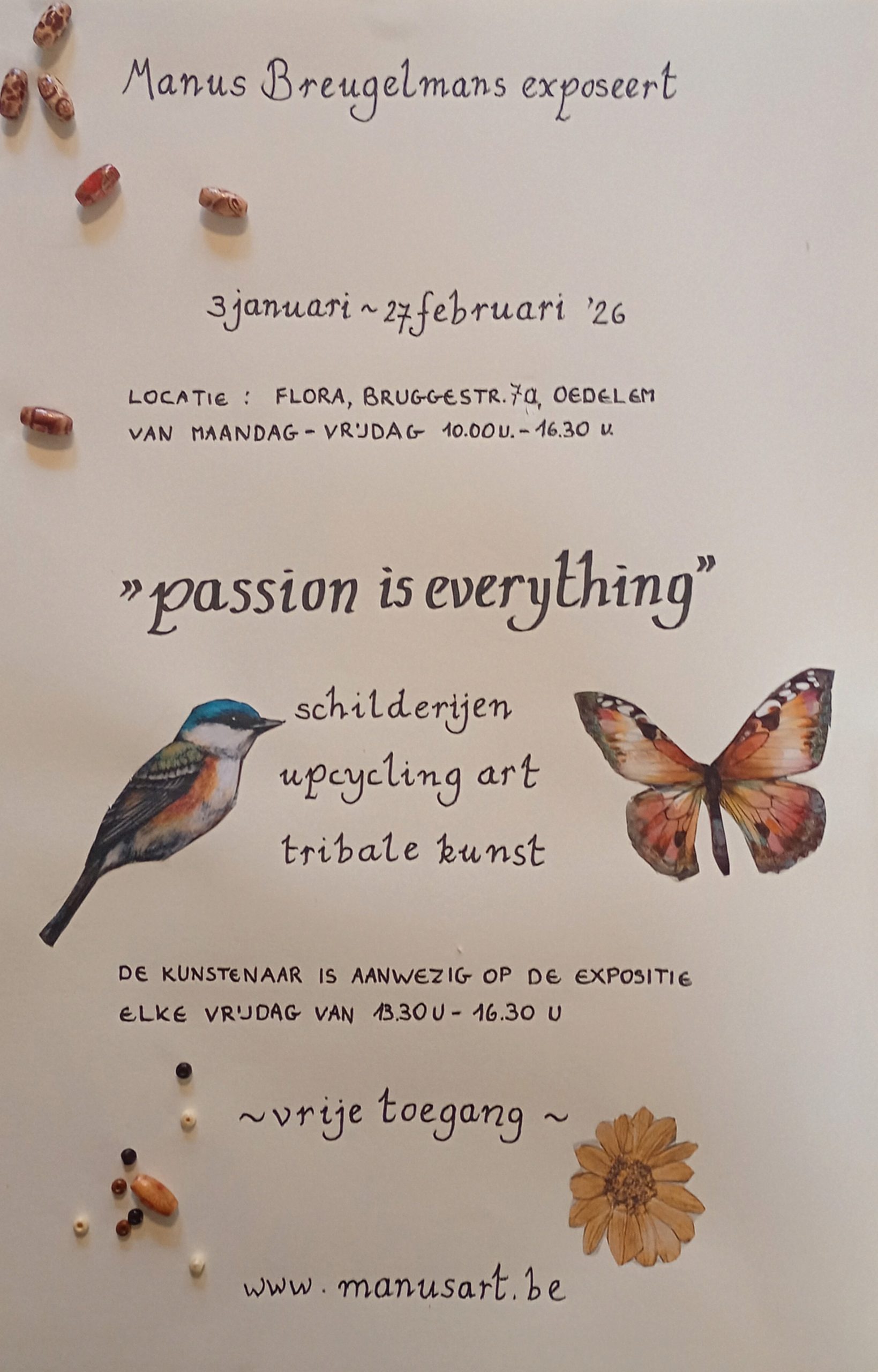Een poster die de info deelt over de expositie van Manus Breugelmans
