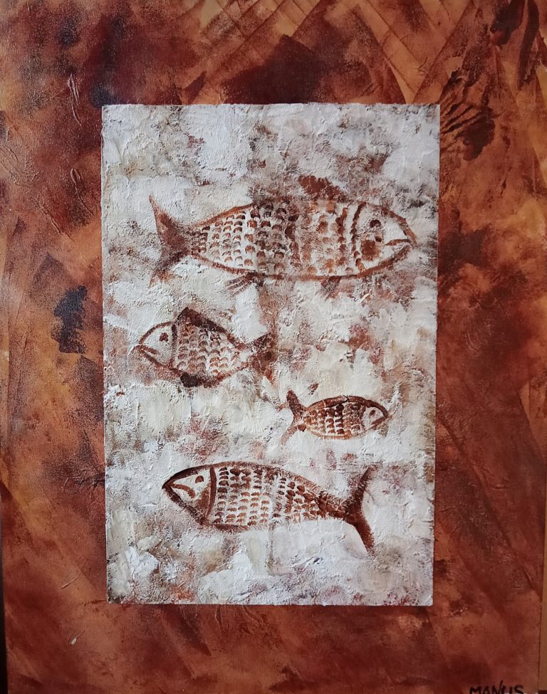 Schilderij van 4 vissen in de stijl van een grottekening