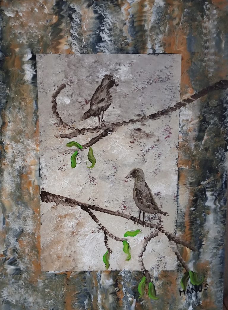 Schilderij van 2 vogels op 2 verschillende takken in de stijl van een grottekening